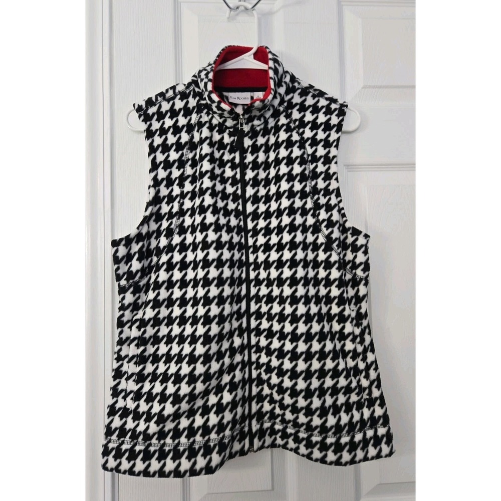 Kim Rogers Women's Black, White With Red Lining Sleeveless Fleece Vest Zip Front